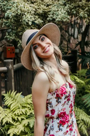 Aurelia Wide Brim Fedora Sunhat: Tan & White