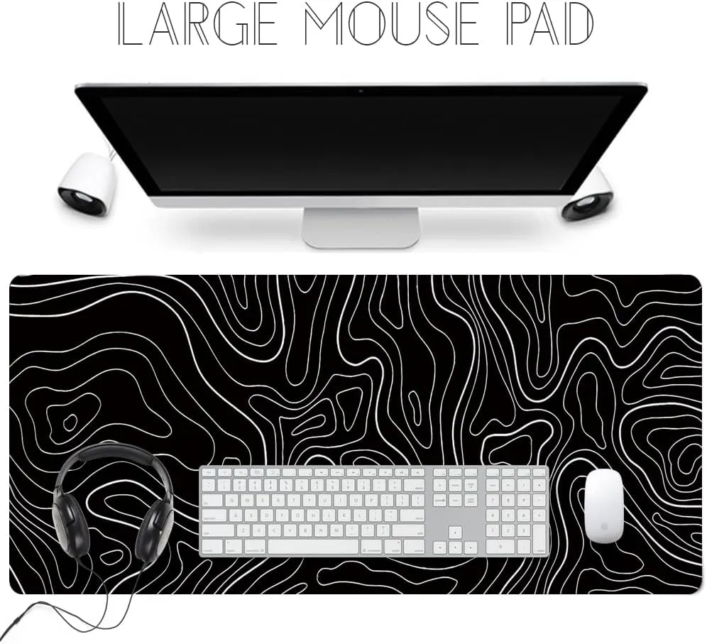 Large Gaming TOPO Keyboard Mouse Pad Black Topographic Mouse Pad with Anti-Slip Rubber Base, Extended XXL Long Gaming Mousepad Big Mouse Pads for Desk,31.5 X 11.8 Inch