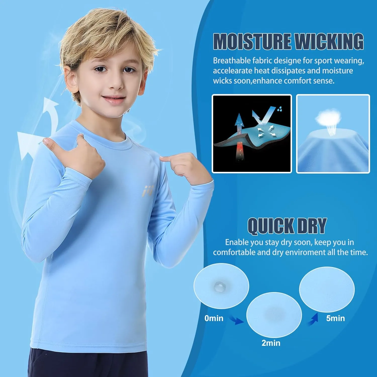 MEETWEE Children's Base Layer Boys Long Sleeve Shirt Quick Dry Kids Thermal Long Underwear,UPF50  Boy Rash Guard Shirts