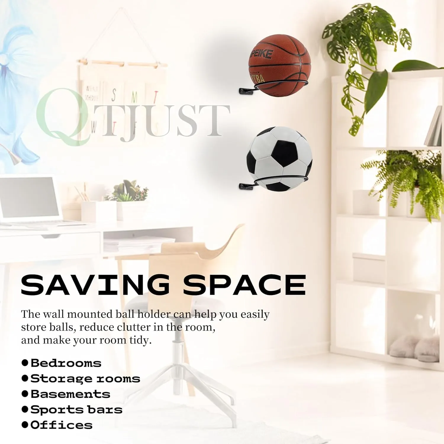Mounted Ball Wall Storage Display Universal Ball Rack Metal Black Rack Holder Space Saver for Basketball Football Volleyball Soccer Storage Display