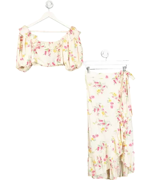 River Island 2-piece Cream Floral Puff Sleeve Crop Top And Wrap Midi Skirt Set. UK 10