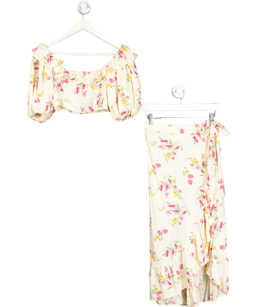 River Island 2-piece Cream Floral Puff Sleeve Crop Top And Wrap Midi Skirt Set. UK 10