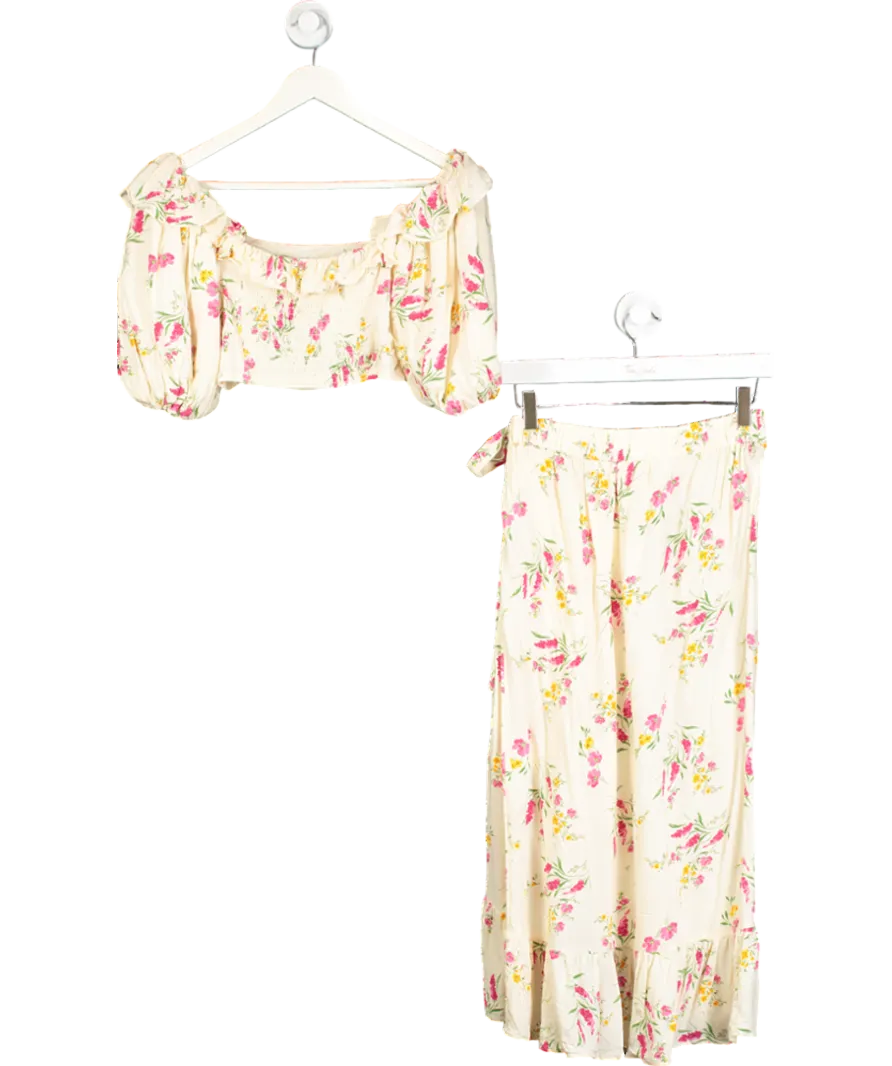 River Island 2-piece Cream Floral Puff Sleeve Crop Top And Wrap Midi Skirt Set. UK 10