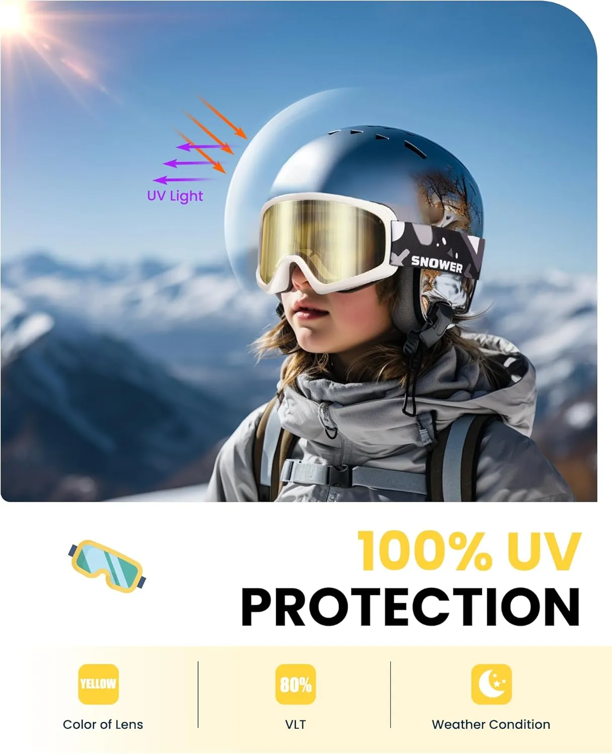 SNOWER Kids Ski Goggles, Anti-Fog Snow Goggles with OTG Design, 100% UV Protection, HD Lens for Kids Boys Girls