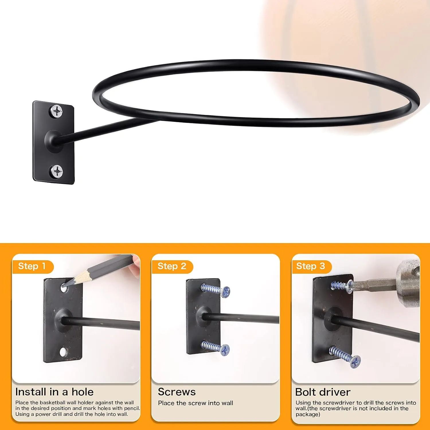 Threan Basketball Holder Wall Mmount Universal Ball Storage Display Rack Metal Black Ball Holder Saver for Basketball Football Space Volleyball Soccer Storage Display