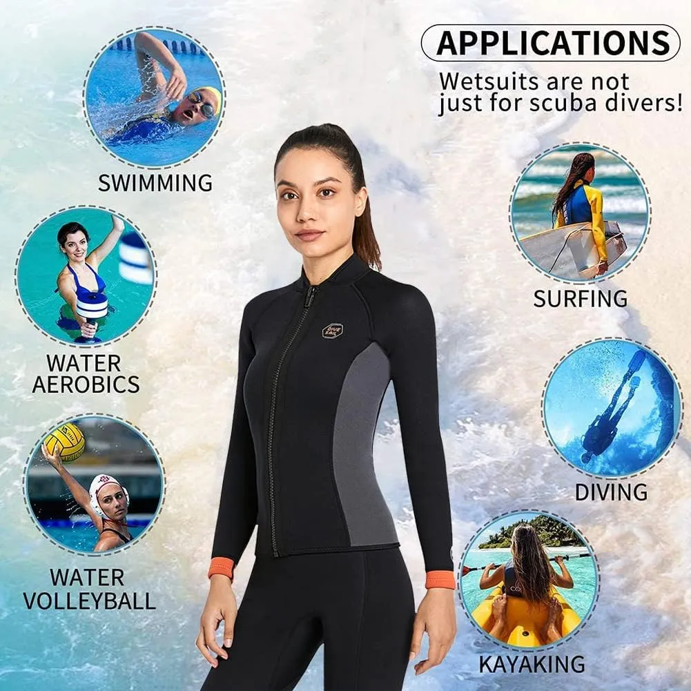 Wetsuit Top Jacket Women Men 3MM Neoprene Long Sleeve Dive Scuba Wet Suit Shirt, 2MM 1.5MM Warm Front Zipper Wetsuits Shirts Vest Surfing Swimming Snorkeling Kayaking Suit in Cold Water Sports