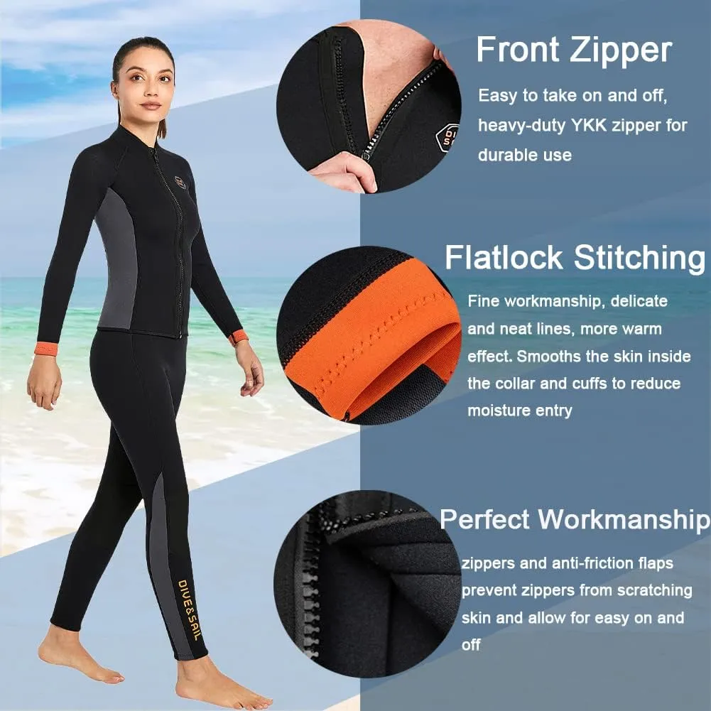 Wetsuit Top Jacket Women Men 3MM Neoprene Long Sleeve Dive Scuba Wet Suit Shirt, 2MM 1.5MM Warm Front Zipper Wetsuits Shirts Vest Surfing Swimming Snorkeling Kayaking Suit in Cold Water Sports