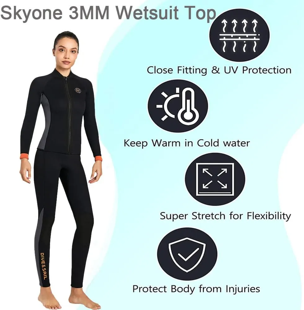 Wetsuit Top Jacket Women Men 3MM Neoprene Long Sleeve Dive Scuba Wet Suit Shirt, 2MM 1.5MM Warm Front Zipper Wetsuits Shirts Vest Surfing Swimming Snorkeling Kayaking Suit in Cold Water Sports